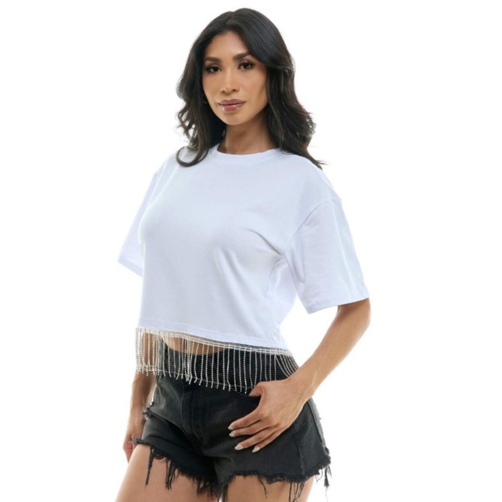 White Rhinestone Fringe Hem Women's Top Halloween Costume